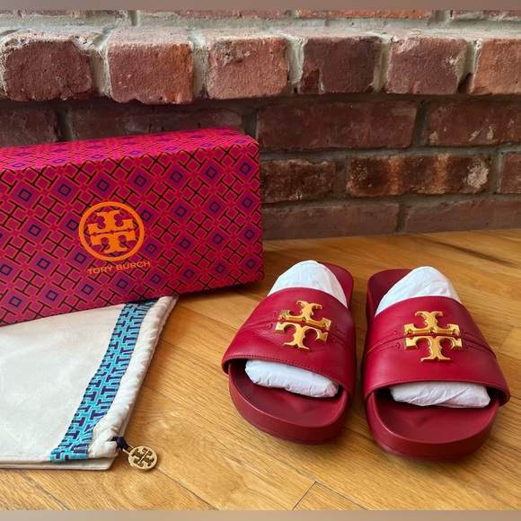 Tory Burch Red Leather Everly Anatomic Cloud Slide Sandals - Picture 2 of 12